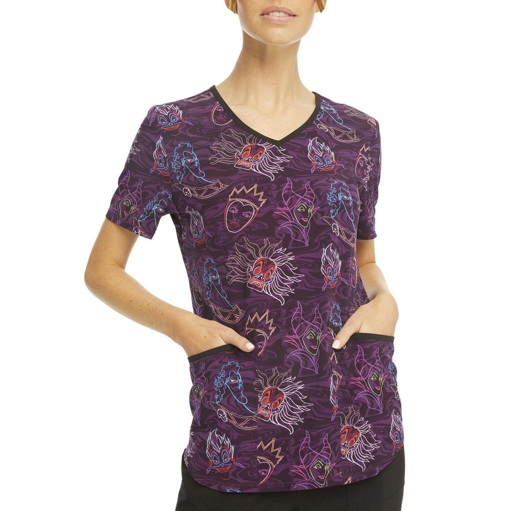Disney Villians "Villians Glow" V-Neck Print Scrub Top Purple sz 3XL Womens Plus